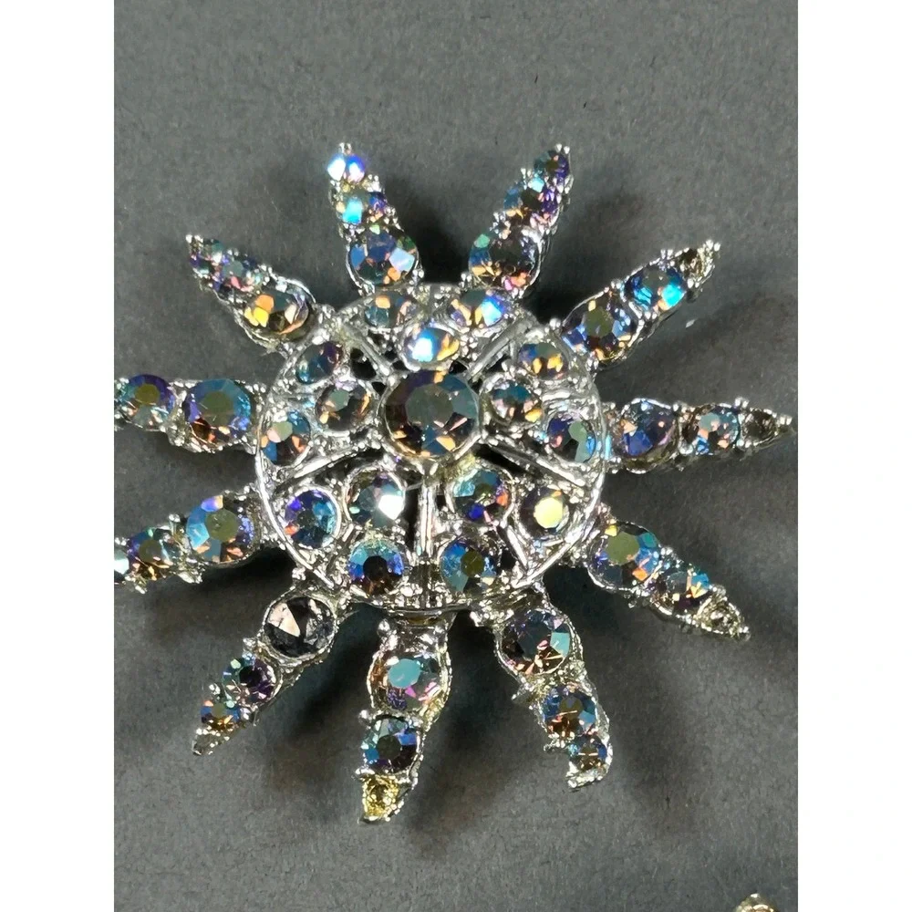 Vintage Costume Jewelry Brooch Lot 5pc Rhinestone Sunburst Floral Cabochon Pins